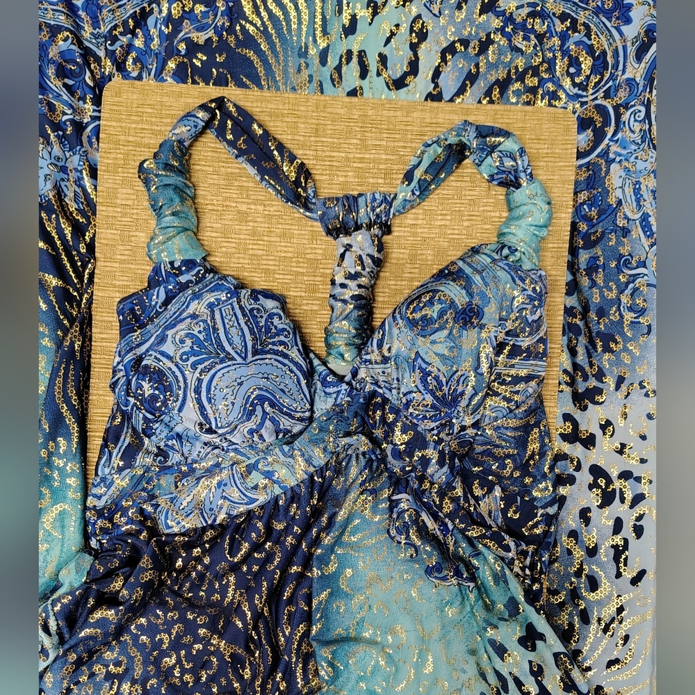 GOLD FOIL LEOPARD SPOTS BLUE GODDESS GORGEOUS HALTER MAXI DRESS WOMEN'S Sz S/M